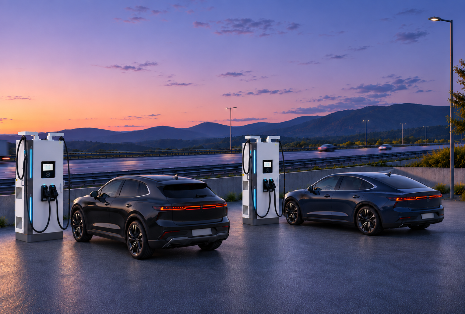ChargeDot D Series public highway charging site at dusk with electric vehicles charging