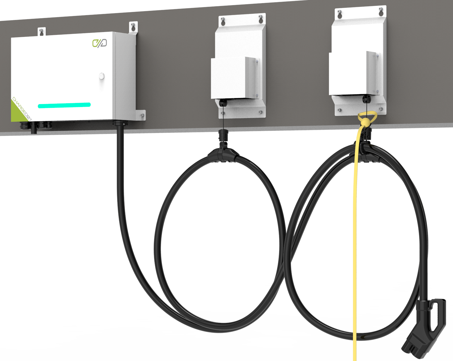 ChargeDot control box with two wall-mounted charging cable reels